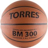 Мяч баск. трен. "TORRES BM300" арт.B00013, р.3, износостойкая резина, нейлоновый корд, бутиловая камера, для зала и улицы, темнооранжево-черный