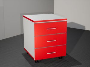 Тумба выкатная на роликах с 3 ящиками (ЛДСП 16 мм, к. Белая, ф. Красный, кр. Красная)